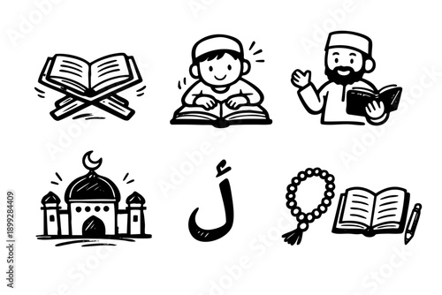 Islamic Icons Collection: Quran Mosque Prayer Beads and People.