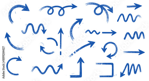 Assortment of Hand drawn Blue Arrows in Various Styles and Directions