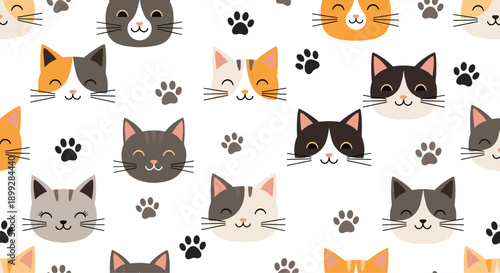 Colorful pattern of diverse cat breed faces and black paw prints scattered across a clean white background for pet lovers.