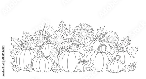 Intricate coloring page illustration featuring a group of pumpkins and large sunflowers surrounded by various autumn leaves.