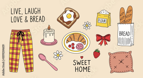 Colorful illustration jhgfds of breakfast items and cozy home essentials displayed