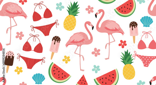 Fun summer pattern featuring pink flamingos red bikinis watermelon slices pineapples and ice cream on white background.