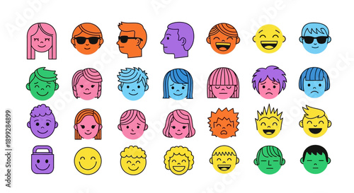 Colorful diverse faces with expressions arranged in rows on white background jhgfds
