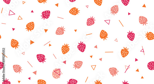 Modern pattern featuring stylized strawberries and geometric shapes like triangles and lines on a white background.