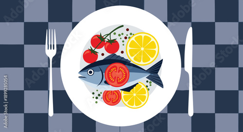 Healthy meal of grilled fish garnished with lemon slices cherry tomatoes and peppercorns on a white plate with cutlery.