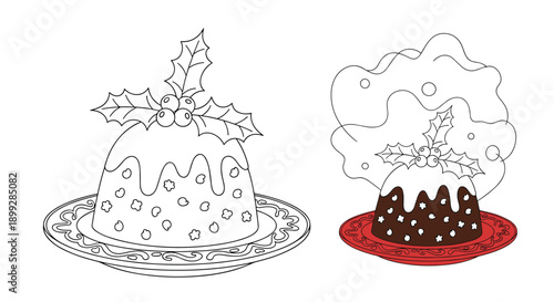Festive christmas pudding illustration with holly berries in both black and white line art and colored versions.