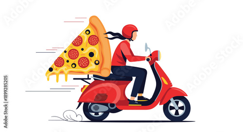 Fast pizza delivery girl riding a red scooter with a giant slice of pepperoni pizza on the back against a white background.