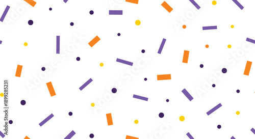 Vibrant seamless pattern showing purple and orange sprinkles and dots floating on a clean white background for holiday.