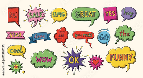Vibrant colorful speech bubbles and stickers display various fun phrases jhgfds