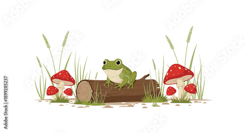 Cute green frog sitting on a hollow log in a grassy field with red fly agaric mushrooms on a clean white background.