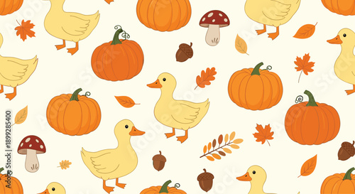 Whimsical autumn pattern showcasing yellow ducks orange pumpkins mushrooms and fall leaves on a cream background.