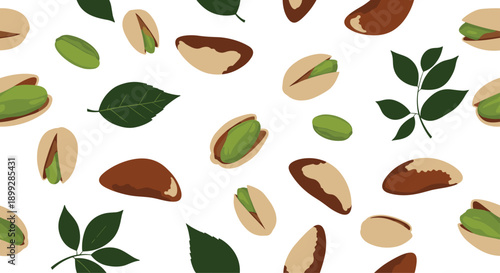 Seamless pattern of delicious healthy nuts including pistachios and Brazil nuts with green leaves on a white background for food design.