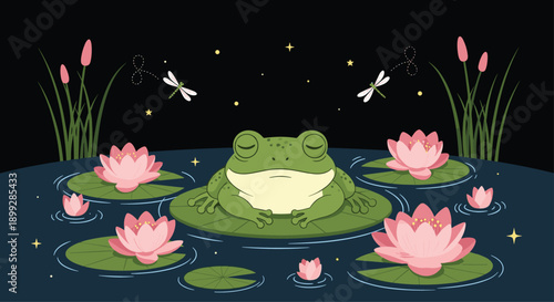 Charming illustration of a peaceful green frog sitting on a lily pad in a dark pond surrounded by blooming pink lotus flowers and dragonflies.