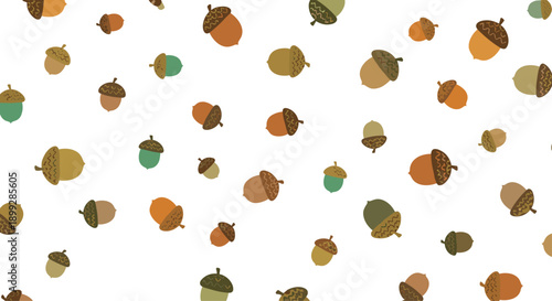 Delightful seamless pattern of various types of acorns in earthy tones of brown, orange, and green scattered on a simple white background.