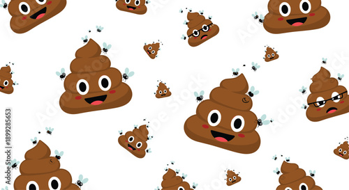 Playful seamless pattern featuring cute poop emoji characters with big eyes and smiles accompanied by buzzing flies on a white background.