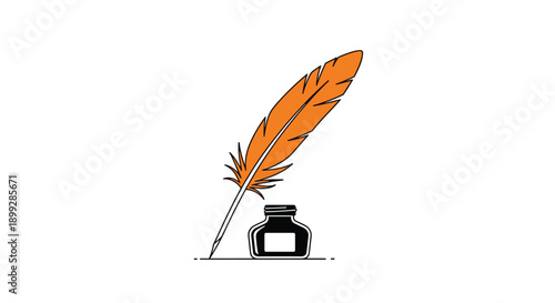 Classic illustration of an orange quill feather pen placed inside a black ink bottle on a white background for writing or literary themes.