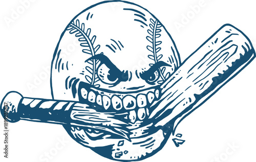 Angry Baseball Face Biting Broken Bat Hand Drawn, Vintage Sports Vector Illustration