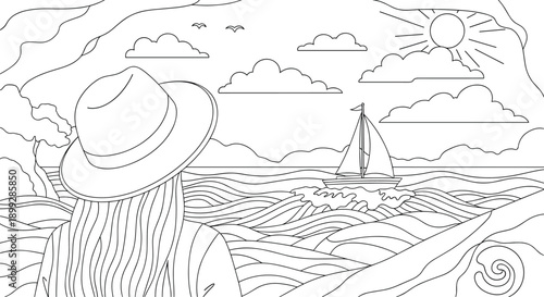Artistic coloring page showing a girl in a wide brimmed hat looking out at a sailboat on a wavy sea under a cloudy sky with the sun.