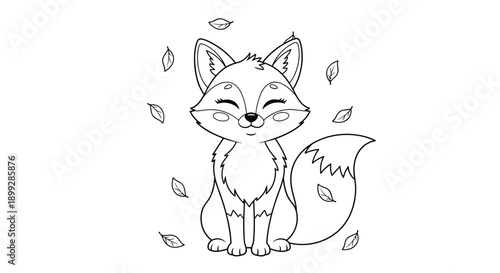 Simple coloring page illustration of a cute little fox sitting peacefully surrounded by falling autumn leaves on a clean white background.