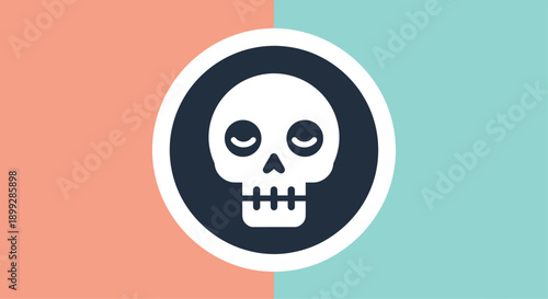 Minimalist icon of a white skull with closed eyes and a simple mouth design set in a dark circle on a split peach and teal background.