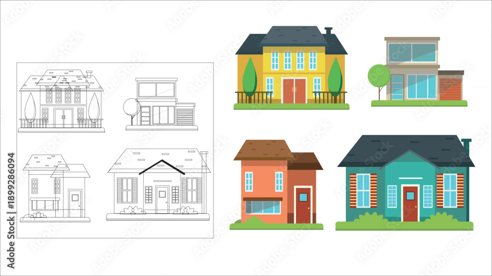 Fototapeta premium House Building Illustration Set – Line Art and Colorful Residential Vector Design 