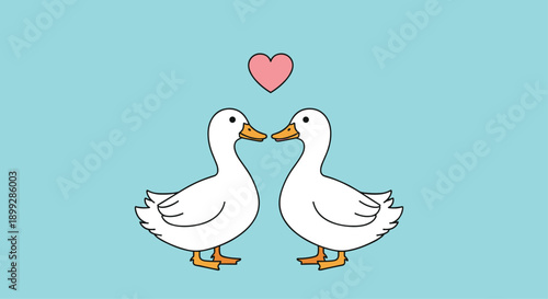 Two cute white ducks facing each other with a pink heart floating between them on a solid light blue background representing love and peace.