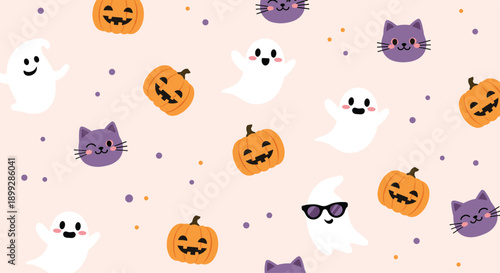 Fun Halloween seamless pattern with cute white ghosts, orange pumpkins, and purple cat faces with small dots on a light pink background.