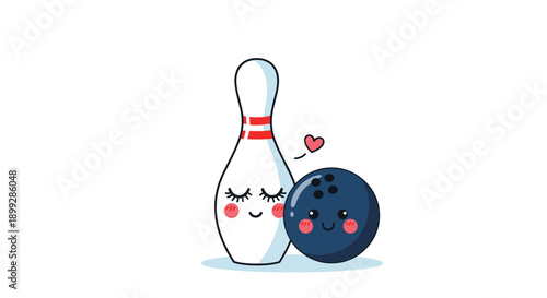 Adorable cartoon illustration of a white bowling pin and a blue bowling ball with cute blushing faces and a small pink heart above them.
