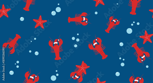 Festive underwater seamless pattern showing red lobsters wearing Santa hats and starfish among blue bubbles on a dark navy blue background.