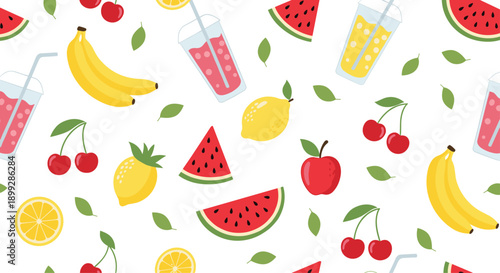 Fresh fruit and smoothie pattern includes slices of watermelon, bananas, cherries, lemons, and colorful drinks on a white backdrop.