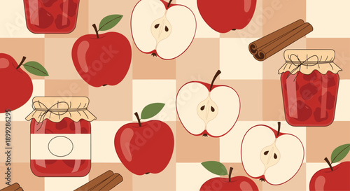 Cozy autumn seamless pattern with red apples, jam jars, cinnamon sticks, and sliced fruit on a brown and white checkered background design.