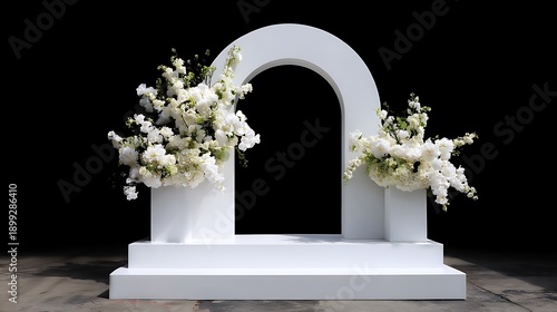 White arched wedding backdrop with floral arrangements on a dark background