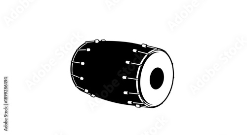 Black and white illustration of a traditional Indian Dholak drum, a percussion instrument used in various musical forms.