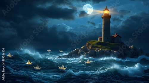 A lighthouse towers on a rocky island, directing paper boats through a stormy sea at night.