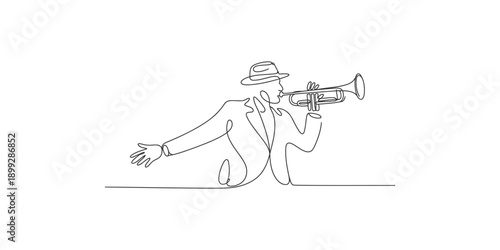Continuous line art drawing of a stylish man in a fedora playing a trumpet, representing jazz music