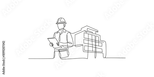 Continuous line art drawing of construction engineer checking project plans outside building