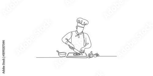 A single continuous line drawing of a chef preparing ingredients on a cutting board