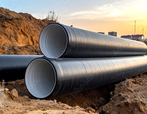 Wallpaper Mural Large diameter pipes lie in an excavation, sunlight filters through the background Torontodigital.ca