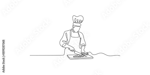 Continuous line drawing of a chef preparing food on a cutting board
