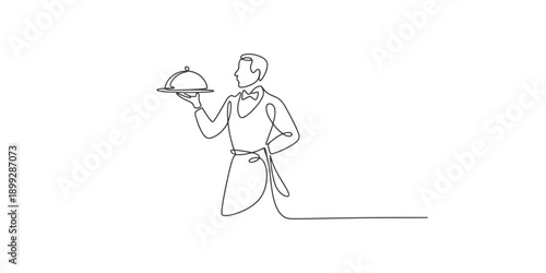 Continuous line art drawing of a waiter holding a silver platter tray for food service