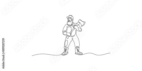 Single continuous line art drawing of a strong bearded lumberjack holding an axe, symbolizing hard work