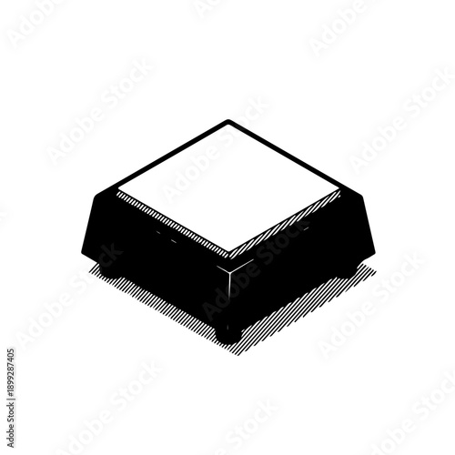 High-contrast isometric solid icon of a laboratory hot plate. Minimalist black and white vector illustration depicting a 3D heating platform for scientific research and chemical processes