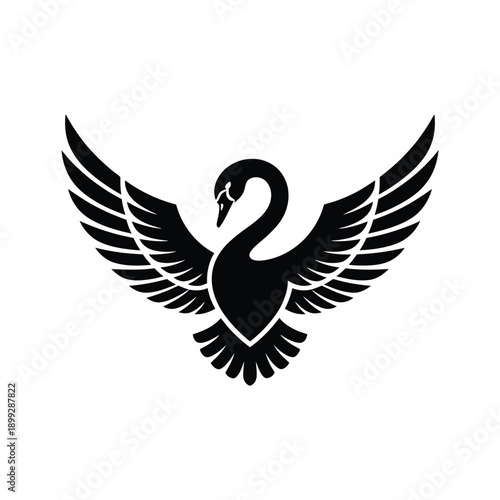 A striking black swan illustration with wings spread creating a bold emblem