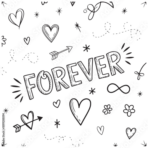 Hand-Drawn Forever Love Doodle Set – Romantic Sketch Elements with Hearts, Arrows, Stars, and Infinity Symbols