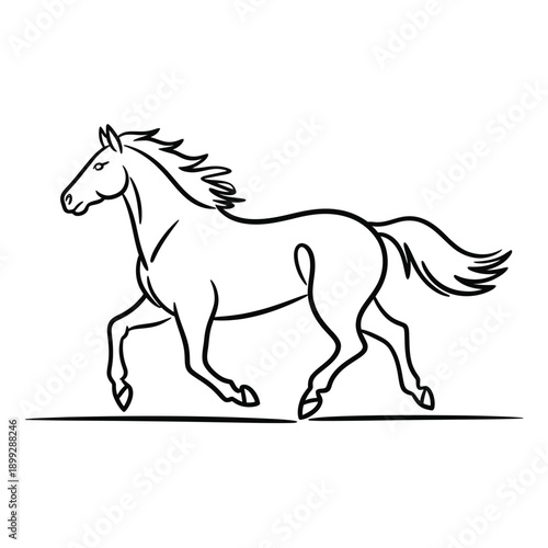 A simple line drawing depicts a horse galloping across a landscape