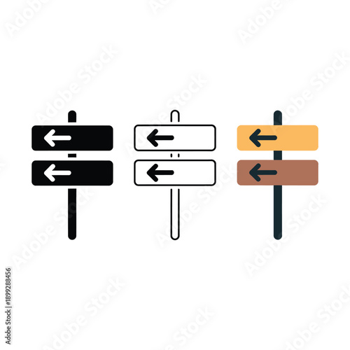 Three directional signpost icons in varying color schemes and styles