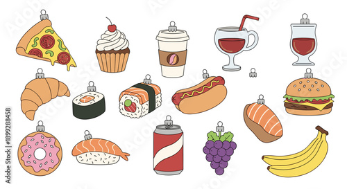Collection of Christmas Ornaments Shaped as Various Food and Drink Items