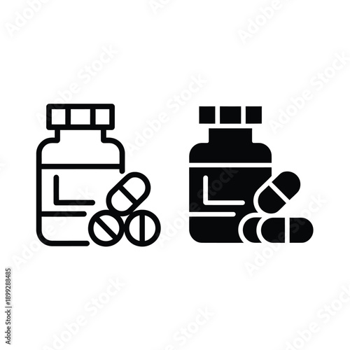 Pill bottles and capsules a black and white icon illustration