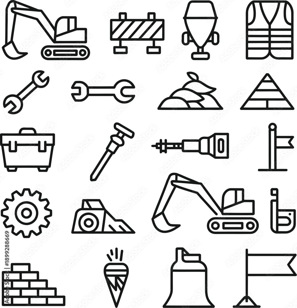 Fototapeta premium Black line icons of construction vehicles and tools isolated on transparent background