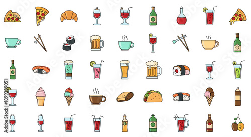 Colorful Flat Design Icons Featuring a Variety of Food and Drinks